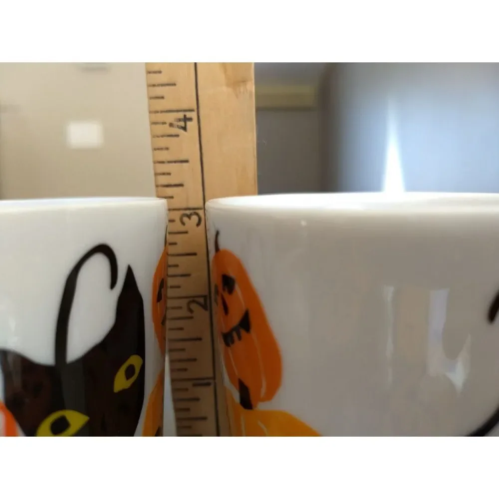 HALLOWEEN‎ Crate & Barrel Black Cat Jack-O-Lantern Coffee Mugs Matching Mats 4Pc